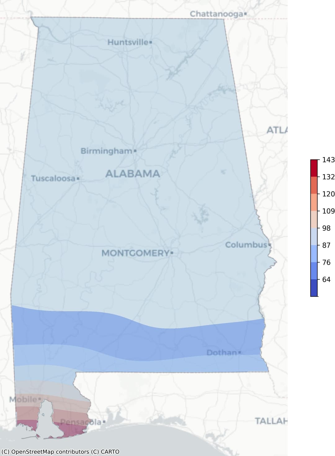 Alabama tropical cyclone risk heat map: Regions color-coded based on frequency of hurricanes and tropical storms, weighted by wind speed, derived from NOAA's historical cyclone track data